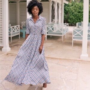 Gal Meets Glam Colette Plaid Button Down Maxi Dress “Denim/Salmon” color.